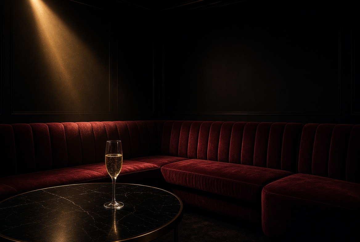 Burgundy club booth in a gold spotlight