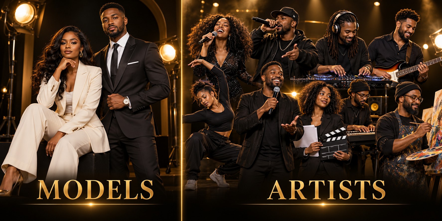 Models on the left and artists on the right: singers, rappers, DJs, musicians, dancers, comedians, filmmakers and painters